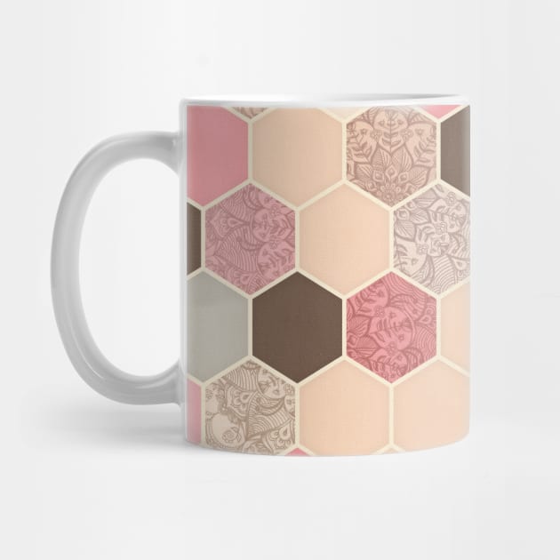 Caramel, Cocoa, Strawberry & Cream Hexagon & Doodle Pattern by micklyn